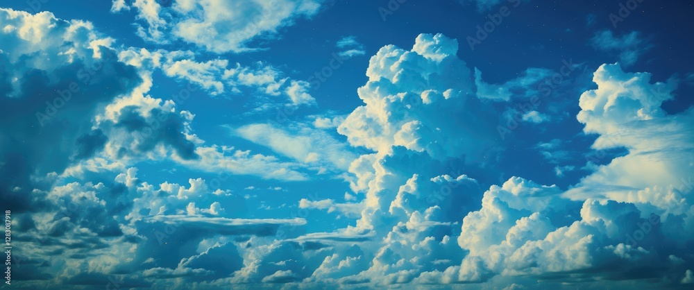 Wall mural cloudy sky with bright blue backdrop displaying fluffy white cumulus clouds in various shapes and si