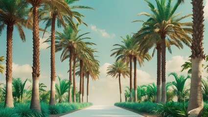 Tropical palm tree lined pathway leading into bright sunny atmosphere with lush greenery and clear blue sky Copy Space