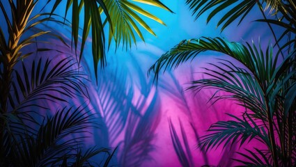 Colorful tropical foliage silhouettes with vibrant blue and pink background and soft shadows Copy Space