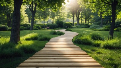 Wooden pathway winding through a lush green park with sunlight filtering through trees and vibrant grass in a tranquil setting Copy Space