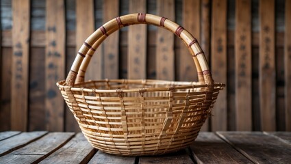 Woven wicker basket with a curved handle placed on a rustic wooden table against a weathered wooden backdrop Copy Space