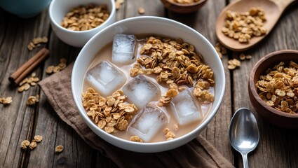 Bowl of cereal with ice cubes and milk on rustic wooden table surrounded by granola and cinnamon sticks with Copy Space