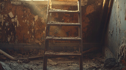 Obraz premium Old attic ladder showcases vintage charm with warm sunlight filtering through