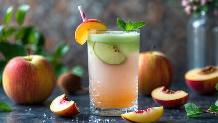 Fototapeta premium Refreshing apple and peach cocktail with slices of fruit and mint garnish on a stone surface with whole apples in the background Copy Space