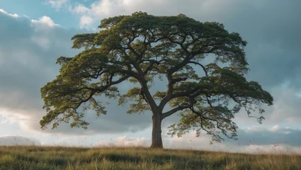 Papier peint photo  Lone majestic tree standing on a grassy hill under a cloudy sky with soft light creating a peaceful rural landscape Copy Space  © pngking