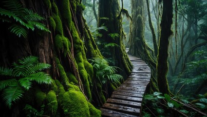 Obraz premium Lush green rainforest with wooden pathway surrounded by moss-covered trees and dense foliage showcasing natural beauty and tranquility Copy Space