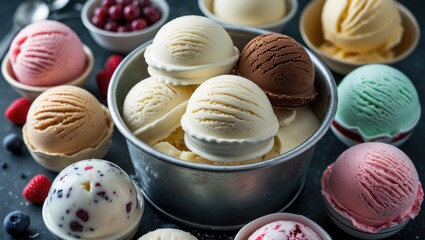 Obraz premium Assorted ice cream scoops in a metal container with fresh fruit and small bowls of berries on a dark background Copy Space