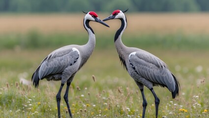 Fototapeta premium Two European cranes with red crowns standing close together in a grassy field during daytime with blurred background, Copy Space