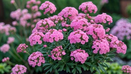 Pink flowering plants in a garden setting showcasing clusters of vibrant blooms with lush green foliage out of focus in the background
