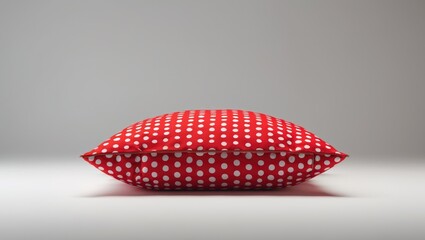 Red decorative pillow with white polka dots on a neutral background in minimalist style