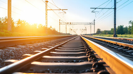Elevated Perspective Of Railway Tracks Leading Towards The Horizon At Sunset Under A Bright Golden Sky