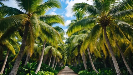 Obraz premium Tropical pathway lined with palm trees under a blue sky with white clouds featuring lush greenery and natural lighting Copy Space