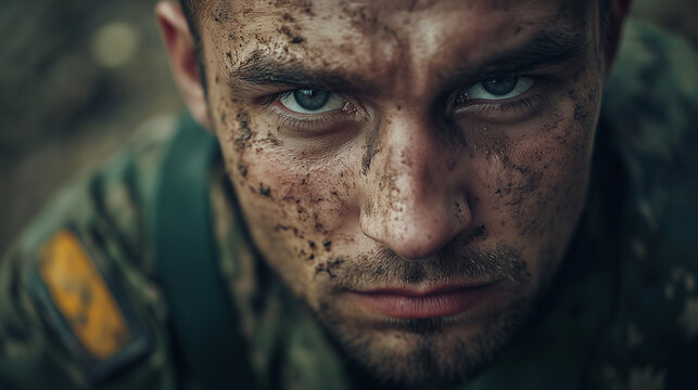Create a deeply emotional and evocative close-up portrait of a soldier 