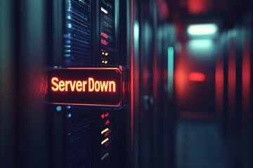Dimly lit server room with glowing red "Server Down" sign, creat