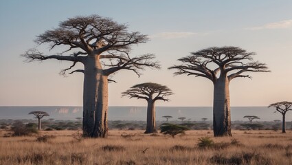 Fototapeta premium Baobab trees in a dry savanna landscape with distant hills and clear sky at sunset Copy Space