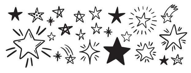 hand drawn stars set. Doodle star outline illustrations.