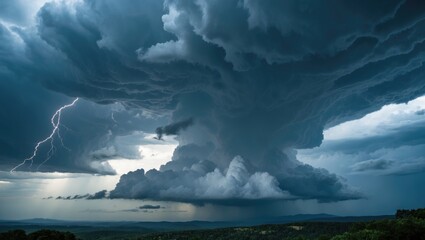 Dramatic storm clouds with lightning in a mountainous landscape under a dark and ominous sky.
