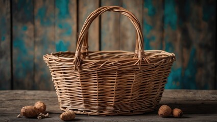 Woven wicker basket on wooden table with decorative nuts and rustic blue and brown backdrop Copy Space