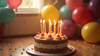 A birthday party cake and candles. balloons and streamers in the background room has a wooden floor. lighting is warm