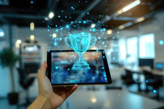 Hand holding tablet with digital trophy, modern office background