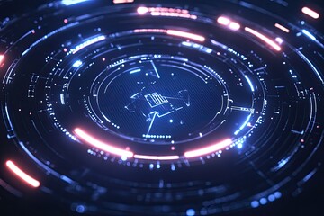 Futuristic digital interface, glowing circular hud, data processing in the background