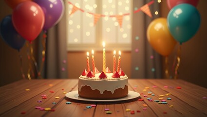 A birthday party cake and candles. balloons and streamers in the background room has a wooden floor. lighting is warm