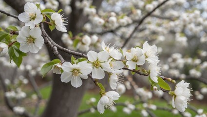 Obraz premium Cherry blossom branches with white flowers in springtime garden setting with blurred background and natural lighting. Copy Space