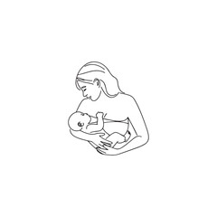 An illustration of a mother and infant breastfeeding in black and white  The mother holds the infant pleasantly while the infant is latched deeply with an extended chin