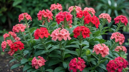 Colorful blooming flowers with varying shades of red and pink in a lush garden setting with green foliage. Copy Space