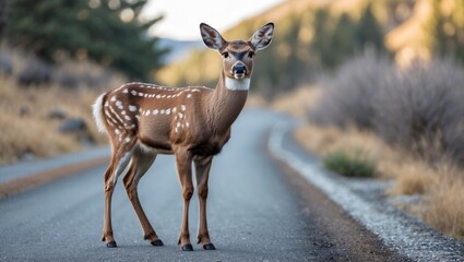 Young deer standing on a rural road surrounded by natural scenery and soft sunlight Copy Space