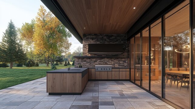 Outdoor kitchen design with a reinforced tiled floor and waterproof walls