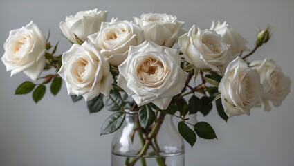 Obraz premium Bouquet of white roses in a clear glass vase with green leaves on a neutral background Copy Space