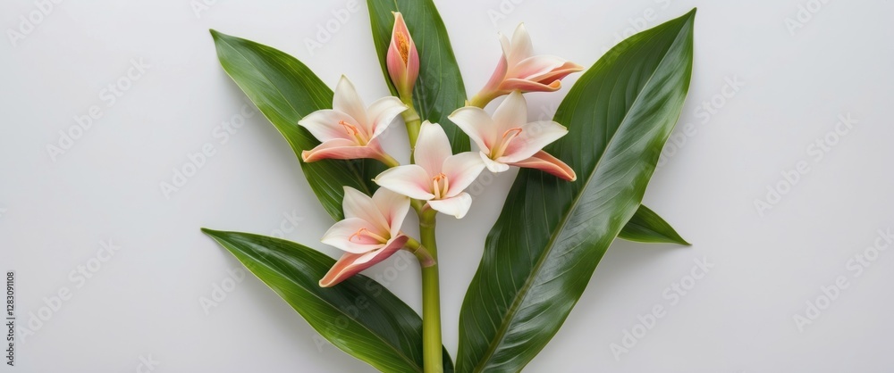 Wall mural Pink and white flowers with green leaves on a light background suitable for presentations and floral designs Copy Space