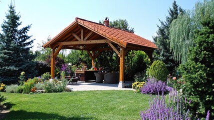 Outdoor kitchen with a separate structure and heat-resistant roofing materials