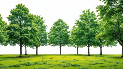Fototapeta premium Green trees lined on a grassy field with bright foliage and plain white background ideal for nature and outdoor themes Copy Space