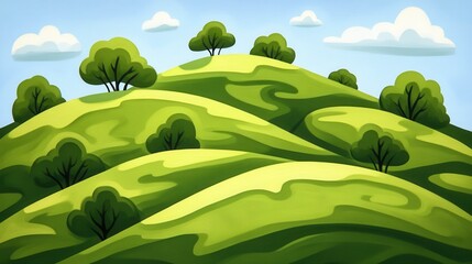 Fototapeta premium Vibrant green hills rolling landscape nature scene digital illustration serene environment aerial view tranquility