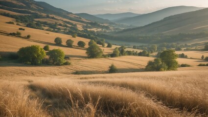 Obraz premium Sunlit rolling hills with golden grasses and scattered trees under a blue sky in a rural landscape with distant mountains and valleys Copy Space