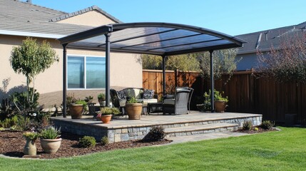 Outdoor seating area shaded by a lightweight, heat-reducing acrylic canopy