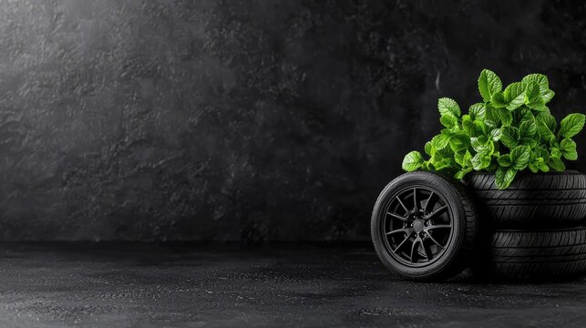 Mint plant in tires on dark background; eco-concept