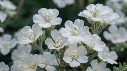 Close-up of delicate white flowers with multiple petals and yellow centers against a lush green background Copy Space