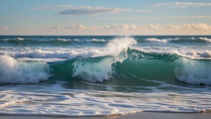 Fototapeta premium Ocean wave breaking on sandy shore during daylight with clear sky and soft clouds. Copy Space.