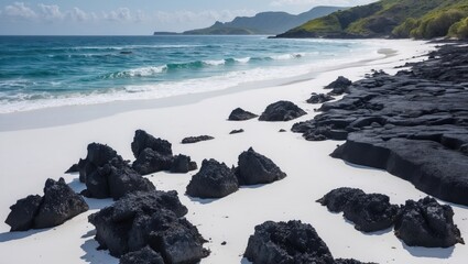 Black volcanic rocks on a pristine white sandy beach with gentle ocean waves under a clear blue sky and lush green hills in the background