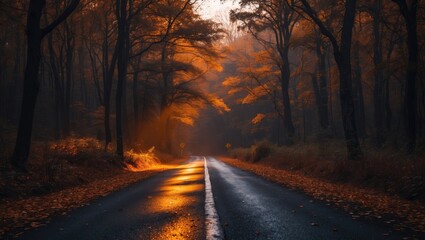 Misty autumn road through a dense forest with vibrant orange leaves reflecting on the wet pavement and warm light rays Copy Space