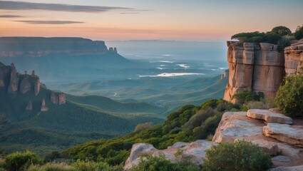 Breathtaking landscape view of mountains and valleys at sunset with vibrant colors and dramatic rock formations Copy Space