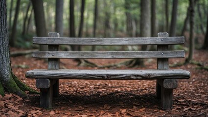 Fototapeta premium Wooden bench in a tranquil forest setting surrounded by trees and fallen leaves ideal for outdoor relaxation and nature exploration Copy Space