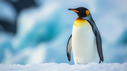 Fototapeta premium Majestic emperor penguin standing on snowy ice surrounded by icy blue backgrounds in Antarctica during winter