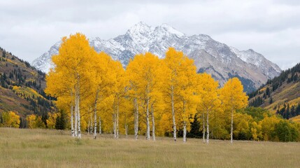 Fototapeta premium Golden aspen grove autumn mountain landscape, scenic fall postcard