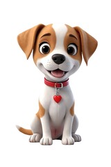 Cartoon dog with a red collar and a heart tag, 3d cover, 3d rendered, vector, 3d