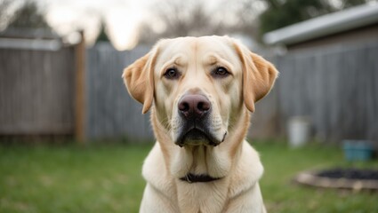 Labrador Retriever dog portrait with natural background and soft focus on grass and wooden fence Copy Space
