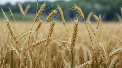 Fototapeta premium Golden wheat field with close-up view of wheat stalks against a blurred background of greenery Copy Space